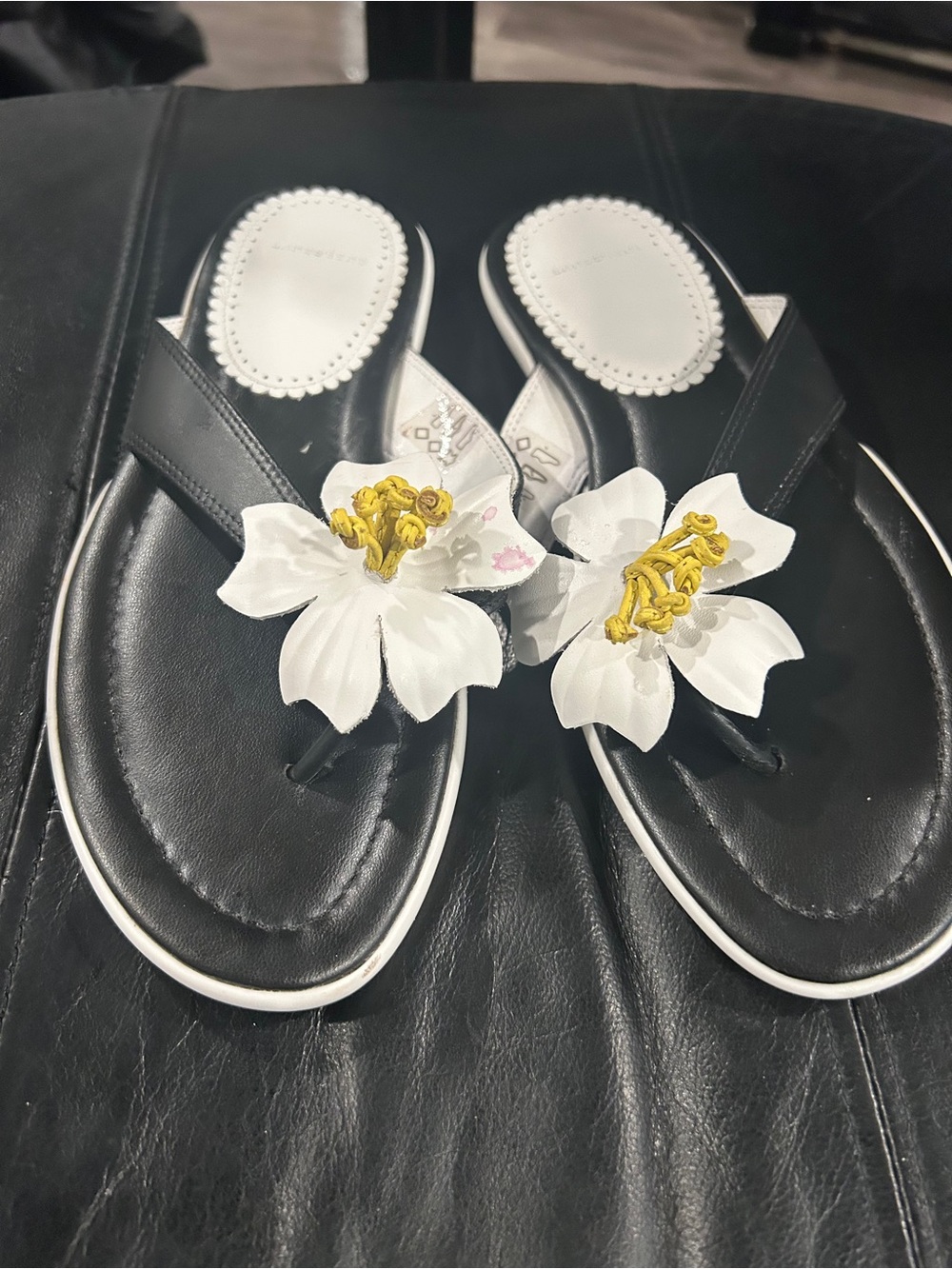 Lands' End Black Sandal Flip-Flops with White Flower Accent